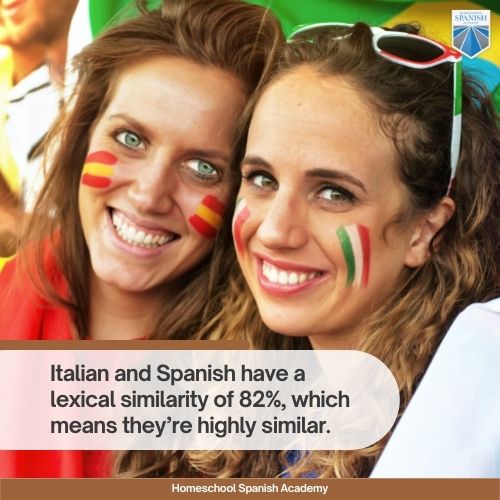 Italian and Spanish have a lexical similarity of 82%, which means they’re highly similar.