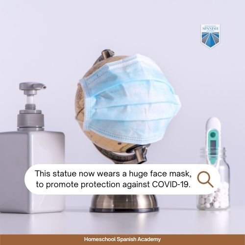 Image example with text "This statue now wears a huge face mask, to promote protection against COVID-19."