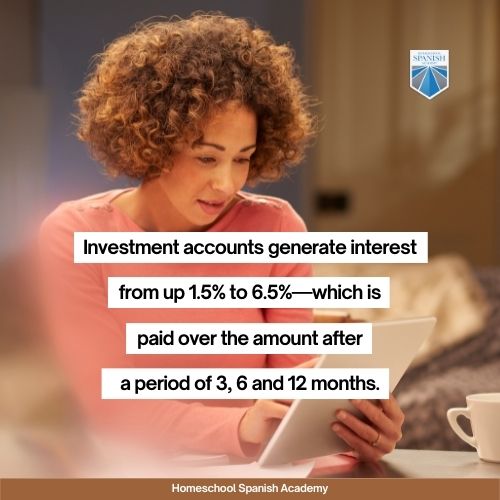 Investment accounts generates interest from up 1.5% to 6.5%—which is paid over the amount after a period of 3, 6, and 12 months