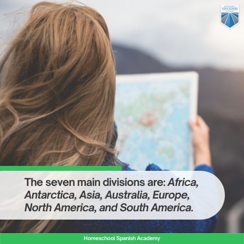 The seven main divisions are Africa, Antarctica, Asia, Australia, Europe, North America, and South America. 